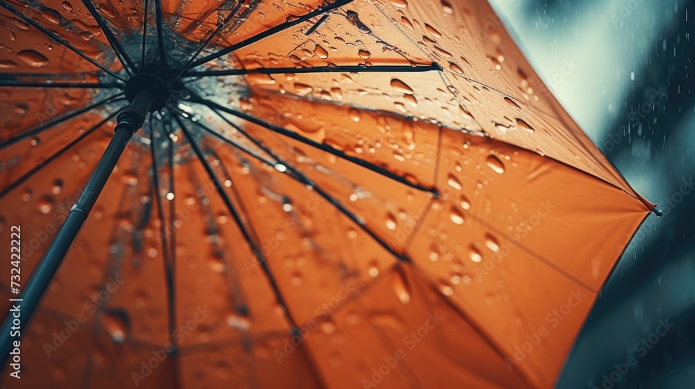 Poster A close-up shot of an orange umbrella in the rain. This image can be used to depict protection from the rain or to create a cozy and atmospheric mood