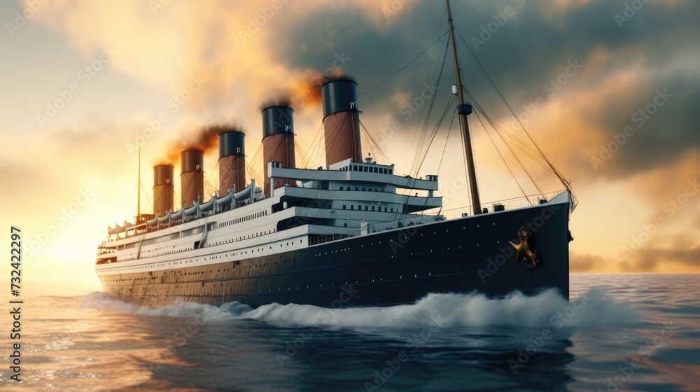 Poster a picture of a large boat peacefully floating on top of a body of water. this image can be used to d