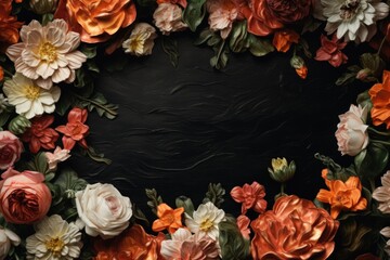 A wreath of flowers on a black background. Perfect for adding a touch of elegance to any design or project