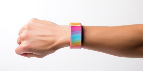 A person's arm adorned with a vibrant and eye-catching bracelet. This versatile image can be used to showcase fashion accessories or add a pop of color to any project