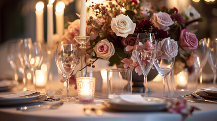Decorate the dining table with candles, flowers, and elegant tableware, Elegant Dining Table Decoration, wedding table setting with candles
