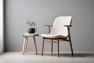 White Dining Chair and Wooden stool Resting on Ash Background