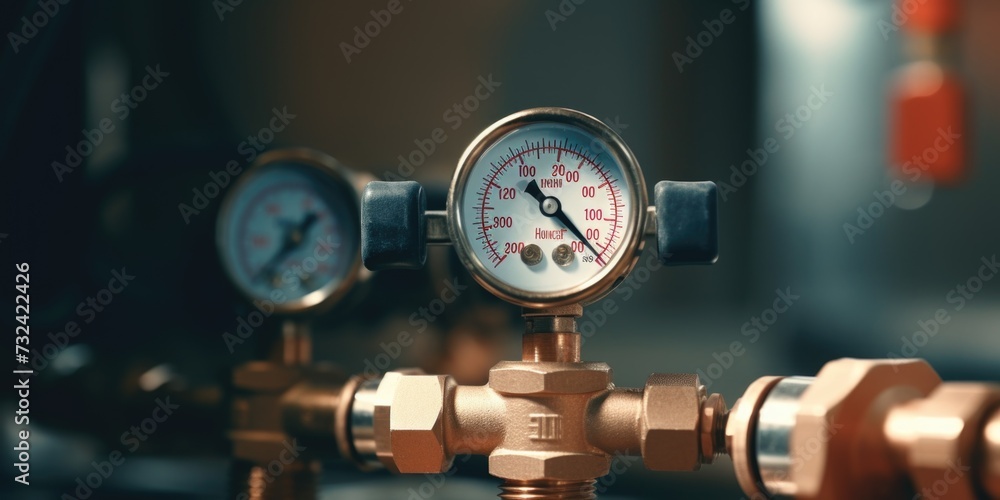 Poster A detailed view of a pressure gauge mounted on a pipe. This image can be used to illustrate concepts related to industrial processes, monitoring, and measurement