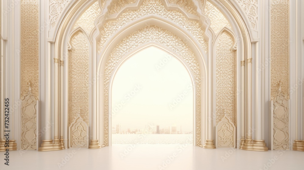 Poster a large archway in a white and gold building. suitable for architectural designs and elegant setting