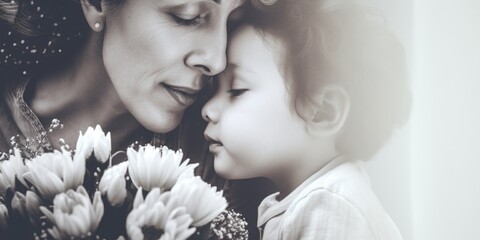 A woman is holding a beautiful bouquet of flowers while standing next to a little girl. This image can be used to represent love, family, and special occasions