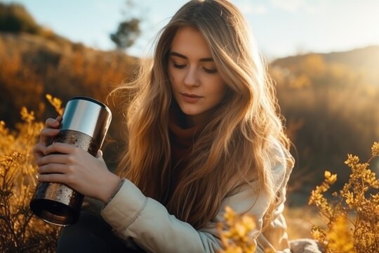 A woman sitting in a field, holding a coffee mug. This image can be used to depict relaxation, enjoying nature, or taking a break