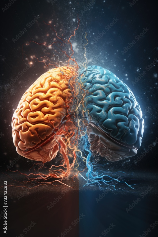 Poster A visual representation of two halves of a human brain. This image can be used for educational purposes or in medical publications