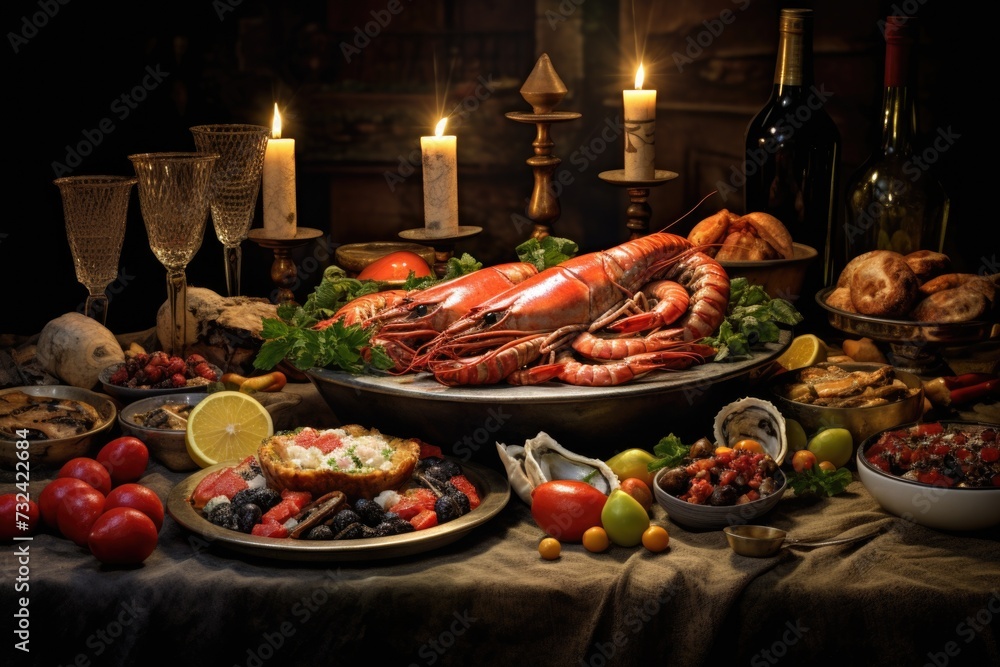 Poster a table filled with a variety of delicious food and an assortment of wine. perfect for showcasing a 
