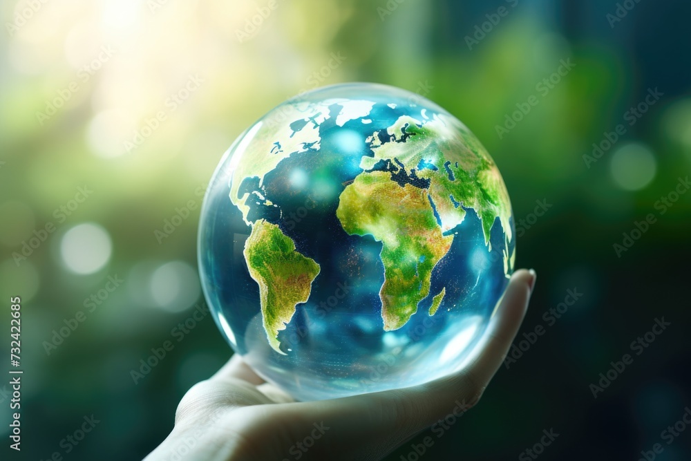 Poster a person holding a glass globe in their hand. suitable for various concepts and themes