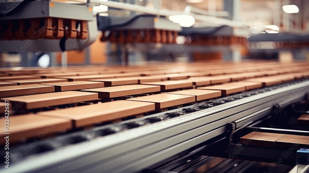 Poster a conveyor belt in a factory carrying boxes. this image can be used to depict the efficiency and pro