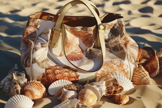 A picture of a purse and some shells on a beach. Perfect for showcasing beach accessories and summer vibes