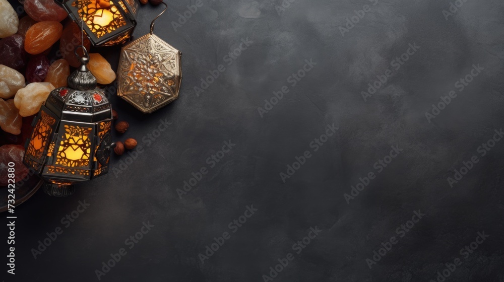 Aufkleber a table with a bowl of fresh and colorful fruit, accompanied by a lantern. this versatile image can 