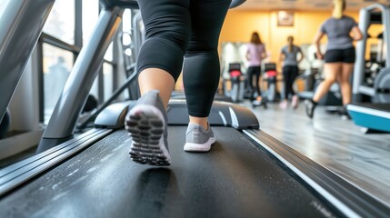 Female legs on a treadmill. Exercising in a fitness club. Overweight