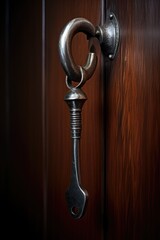A metal key is hanging from a wooden door. This image can be used to represent security, access, or unlocking opportunities