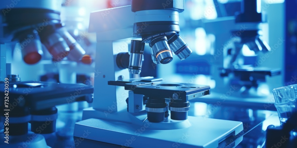 Poster a microscope displayed in a laboratory setting. suitable for scientific research and educational pur