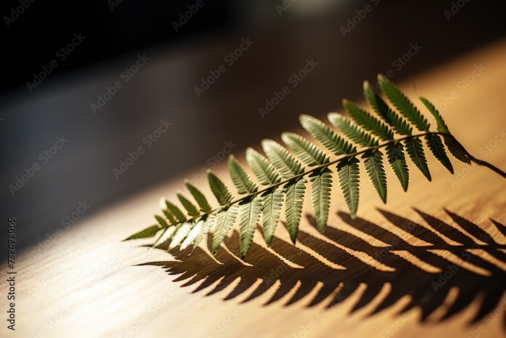 Poster A close-up image of a fern leaf casting a delicate shadow on a wooden table. Perfect for adding a touch of nature to any design project