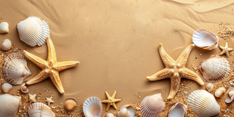 Beach summer flat lay with shells and starfish on the sand with space for text. AI generative