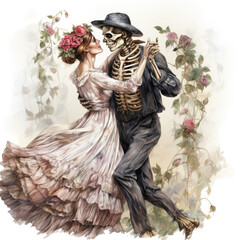 watercolor Skeleton dancing with his lover clipart, Generative Ai