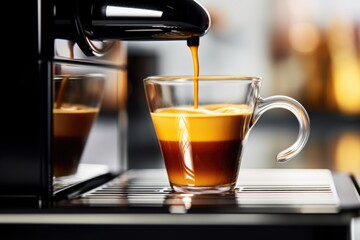 A cup of coffee being poured into a glass. Perfect for coffee shop promotions or articles about coffee brewing techniques