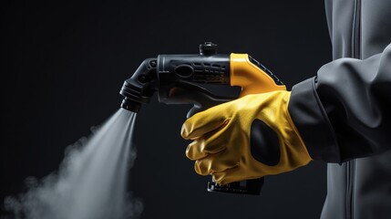 A person wearing yellow gloves is seen spraying a black wall. This image can be used to depict graffiti art, urban cleaning, or home renovation projects