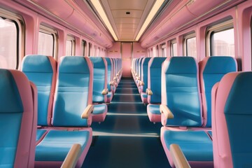 A train car with blue and pink seats. Suitable for transportation and travel themes