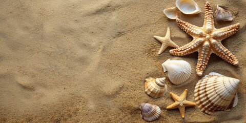 Fototapeta na wymiar Beach summer flat lay with shells and starfish on the sand with space for text. AI generative