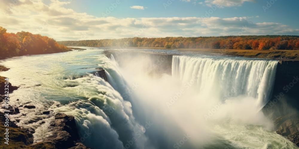 Poster a picturesque view of a waterfall nestled in the heart of a lush forest. perfect for nature enthusia