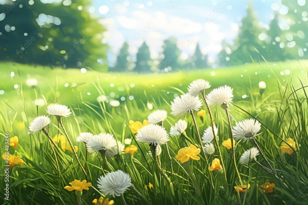 Poster A beautiful bunch of white and yellow flowers in a field. Perfect for adding a touch of nature to any project