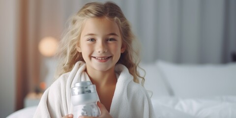 A young girl holding a bottle of lotion in her hand. Ideal for skincare and hygiene concepts