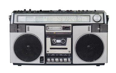 retro radio cassette recorder,old  radio with old-fashioned tape player isolated on white background