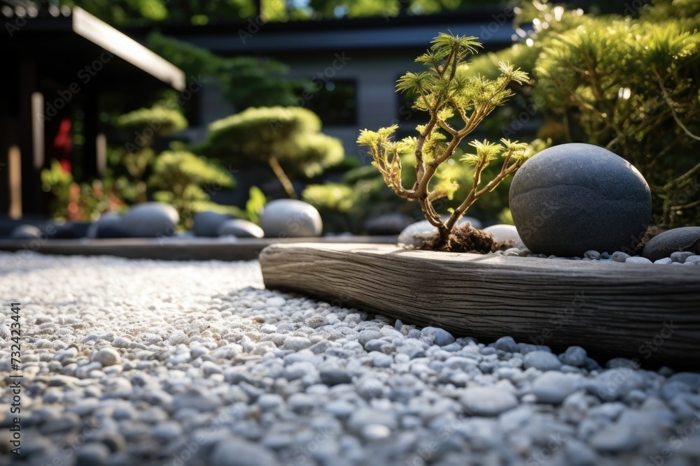 Poster a small bonsai tree surrounded by rocks and gravel. perfect for adding a touch of nature to any gard