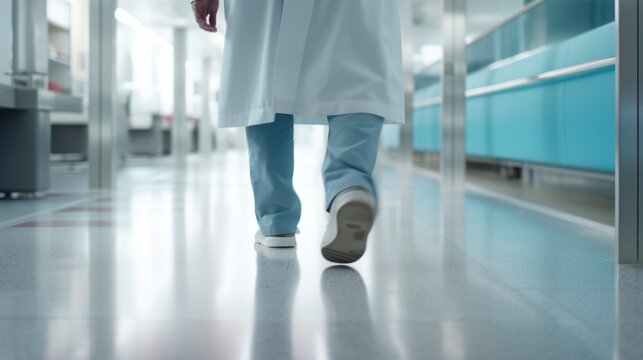 A person is seen walking down a hospital hallway. This image can be used to depict healthcare, medical facilities, or patient care