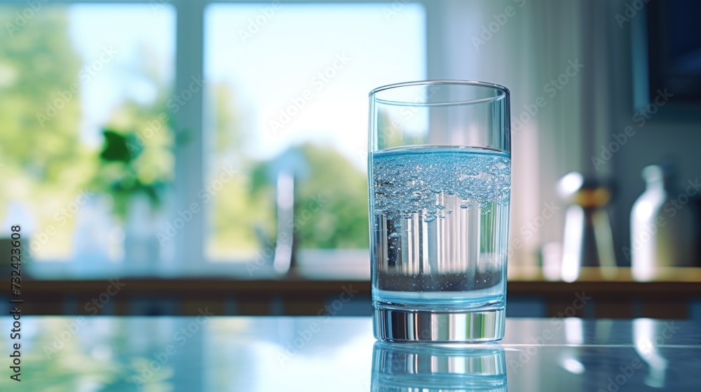 Poster a glass of water sitting on top of a table. suitable for use in various settings