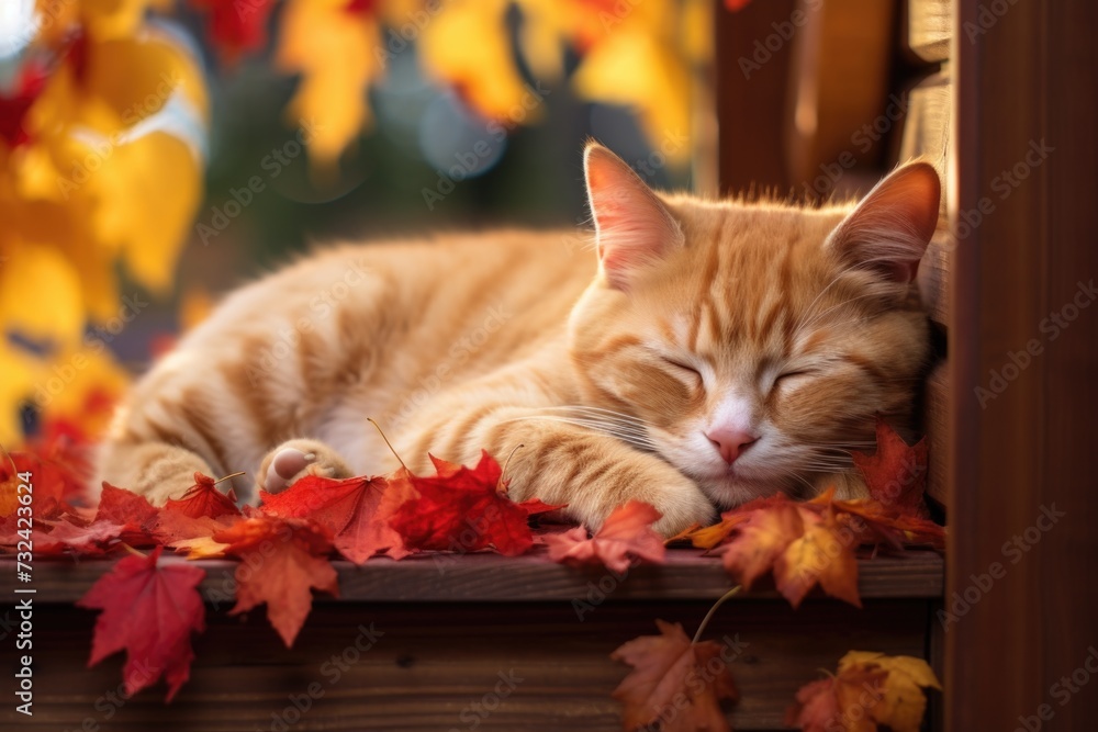 Aufkleber a cat peacefully sleeping on a wooden bench. suitable for various themes and applications