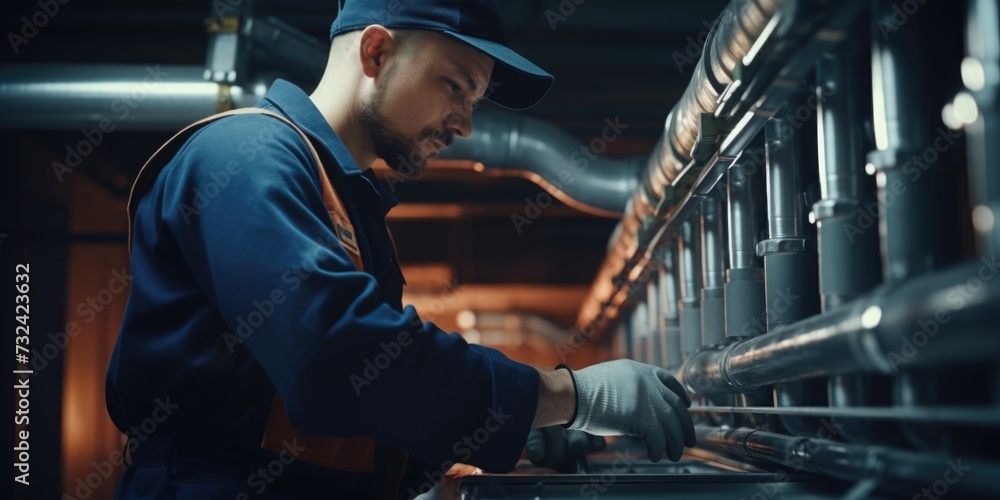 Poster a man in a blue shirt and white gloves is seen working on a machine. this image can be used to depic
