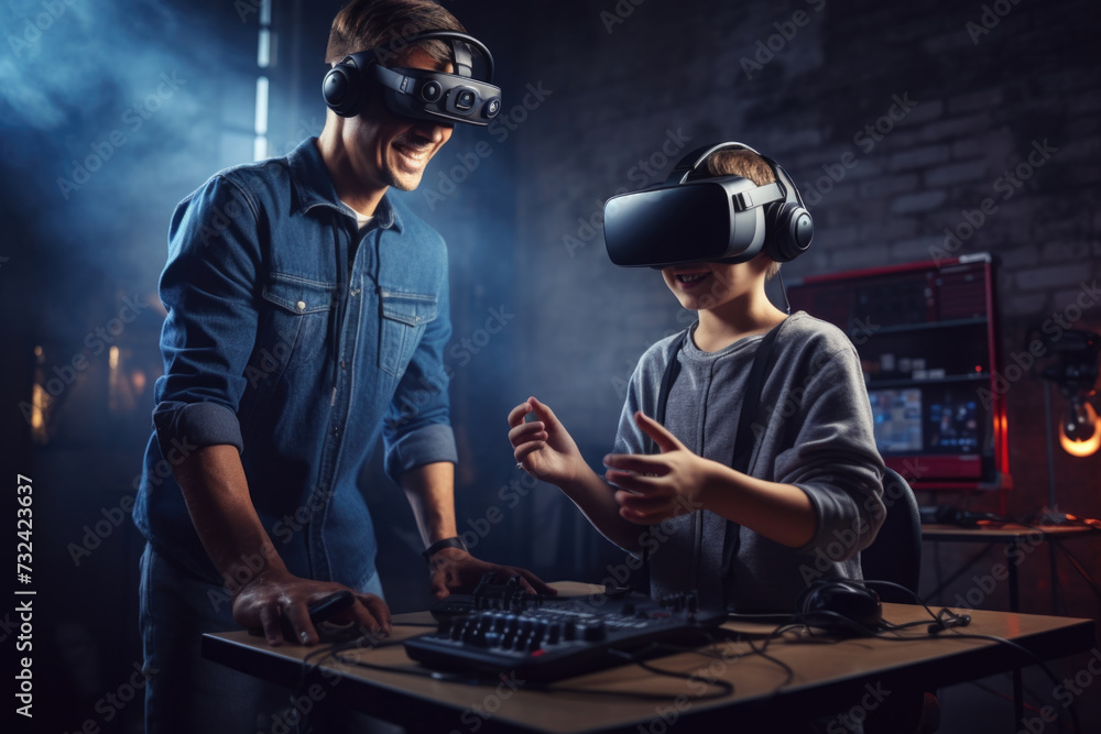 Poster A man and a boy wearing virtual reality headsets. This image can be used to represent the use of technology and virtual reality experiences