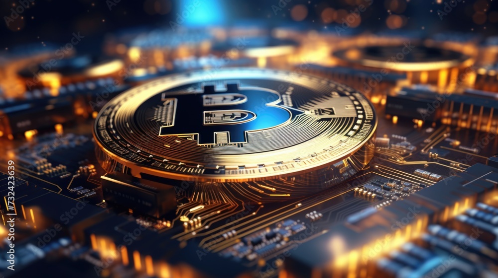 Poster A detailed close-up of a bitcoin placed on a circuit. This image can be used to represent cryptocurrency, technology, finance, or digital currency