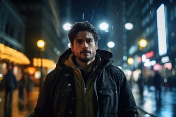 A man standing on a city street at night. Can be used to depict urban life or loneliness in a bustling city