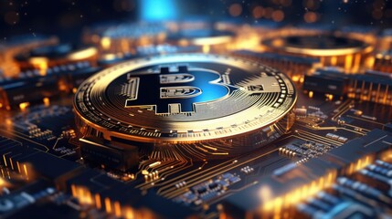 A detailed close-up of a bitcoin placed on a circuit. This image can be used to represent cryptocurrency, technology, finance, or digital currency