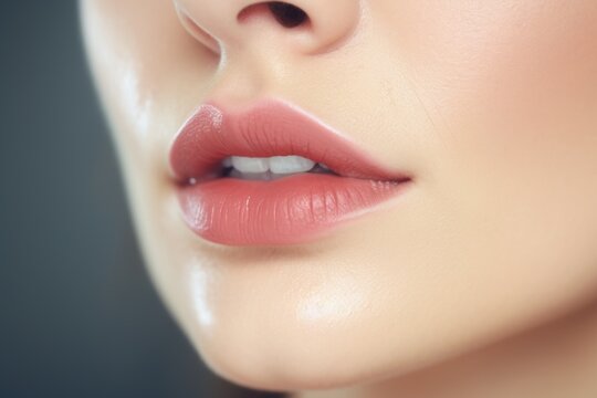 A close-up view of a woman's face, focusing on her vibrant pink lips. This image can be used to showcase beauty, cosmetics, or fashion trends