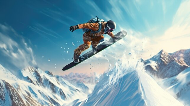 A man is captured in mid-air while riding a snowboard. This image can be used to depict adventure sports and extreme winter activities