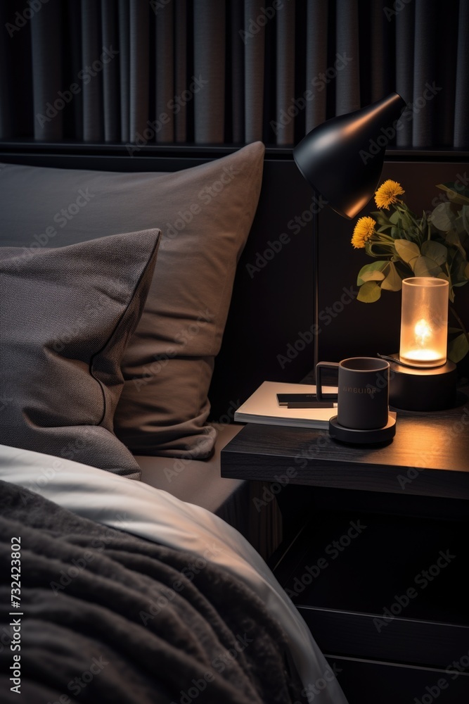 Poster a simple and cozy bedroom setup with a bed, night stand, and a candle. perfect for adding a warm and