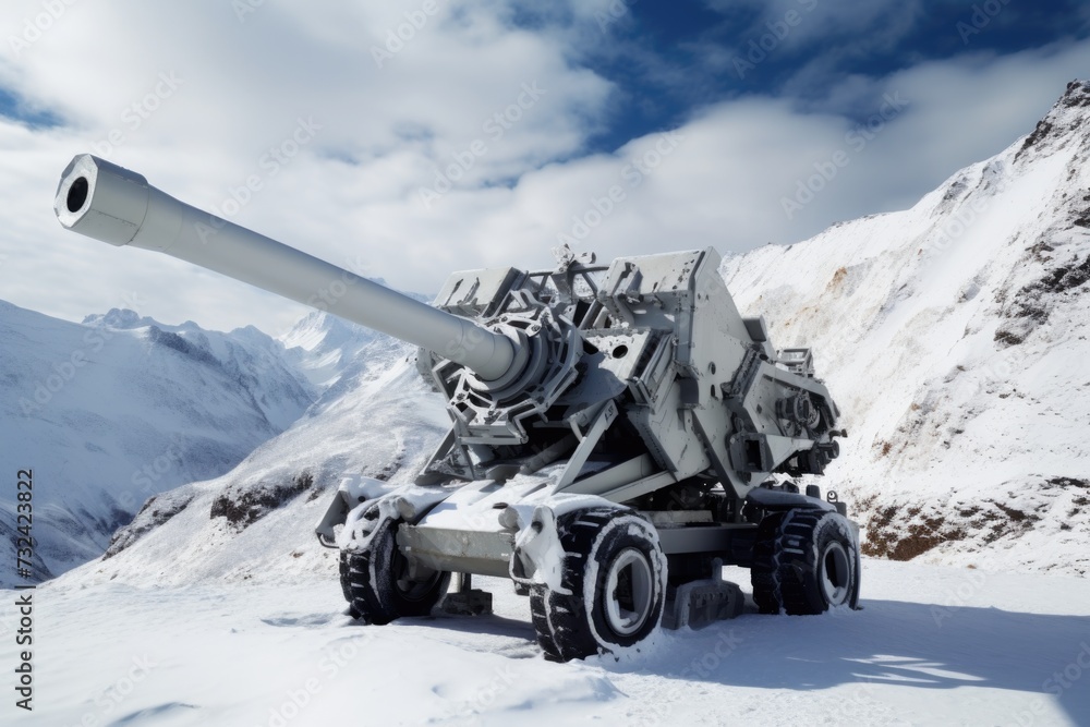 Poster A powerful machine gun positioned on top of a snow covered mountain. This image can be used to depict military operations in extreme weather conditions