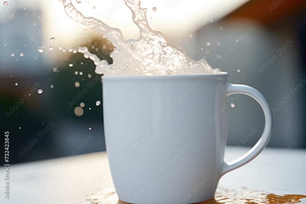Poster water splashing out of a white cup. perfect for refreshing and energetic concepts