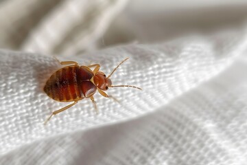 Close-up photo of bed bugs crawling on fabric. Banner for advertising