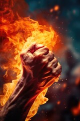 A close-up image of a person holding a fire fist. This powerful and intense image captures the strength and determination of the individual.