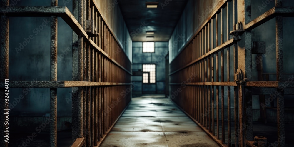 Poster a long hallway inside a jail cell. can be used to depict the interior of a prison or as a symbol of 