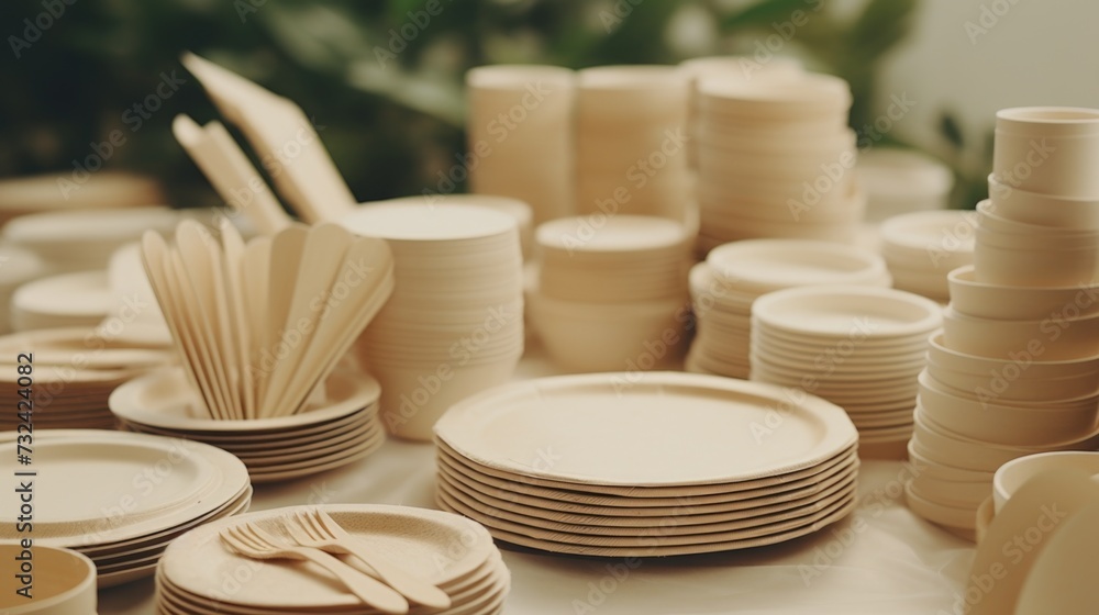 Poster a table filled with numerous white plates and utensils. perfect for showcasing elegant dining setups