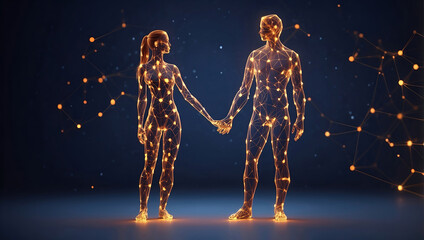 Virtual woman made of glowing geometric pattern and a man holding hand, full body structure,  symbolizing virtual relation or virtual assistant, Generative AI