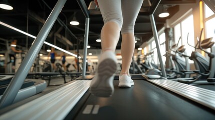 Fototapeta na wymiar Legs of a girl running on a treadmill in the gym.